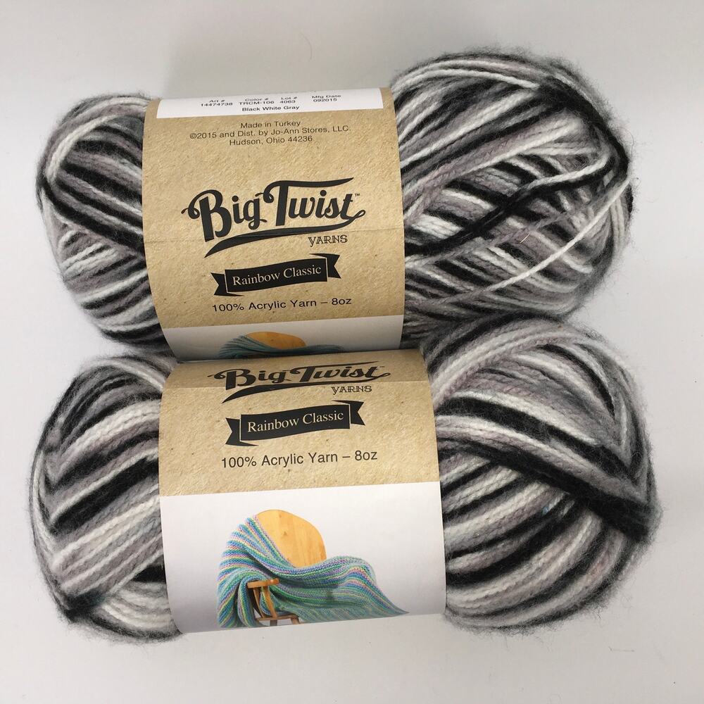 Big Twist Yarn Rainbow Classic *Lot of 2 Skeins* Black White Gray Soft Joann